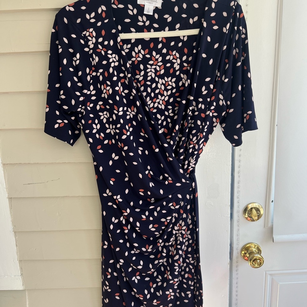 Motherhood maternity navy blue wrap dress with leaf/petal pattern